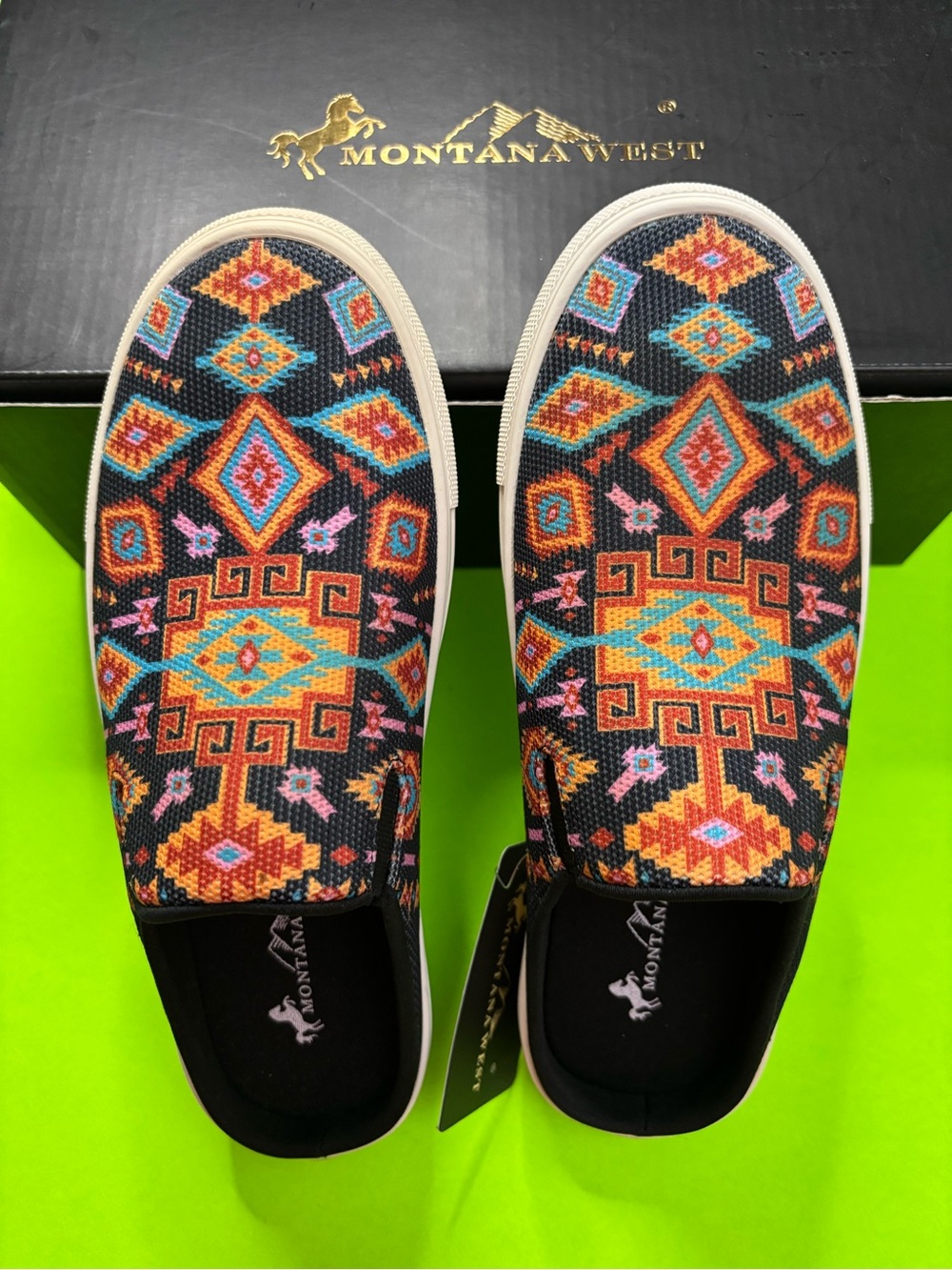 Montana West Black Slip-On Mules with Multicolor Aztec Weave